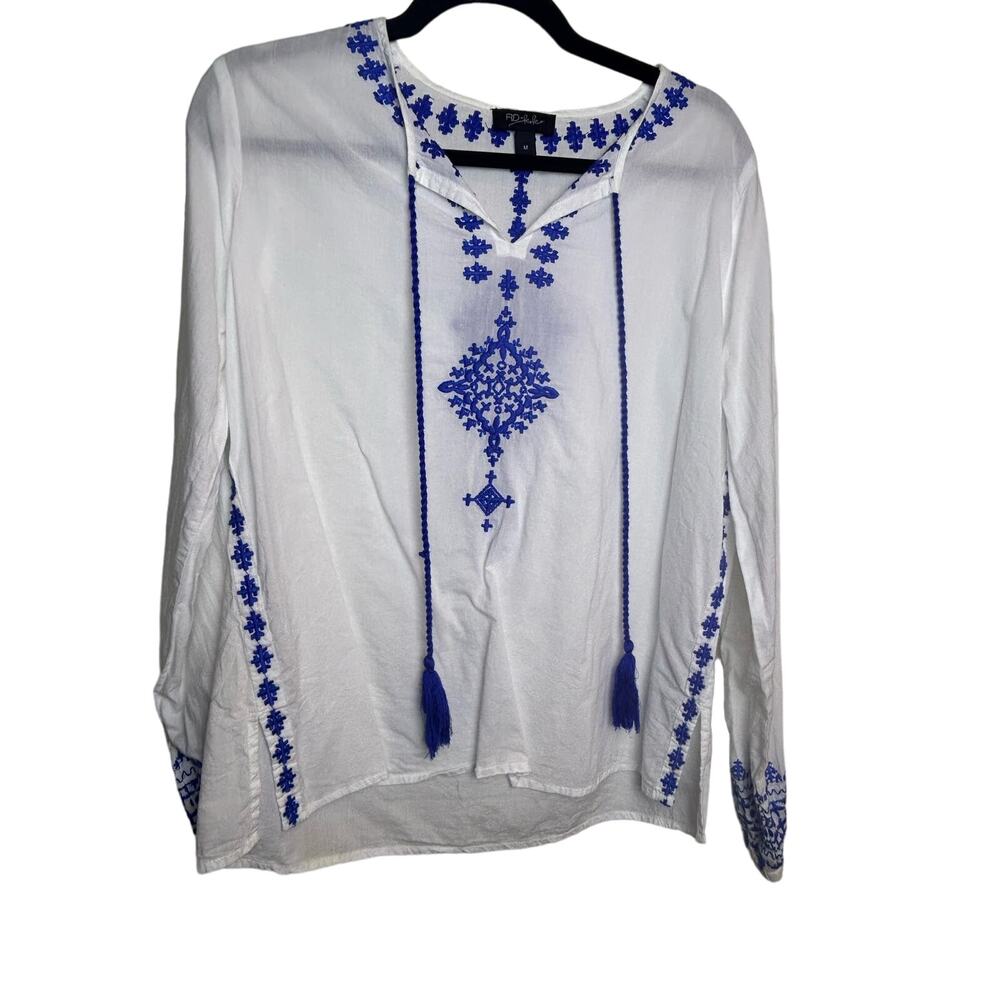 Anthropologie Rd+koko White Sheer blouse with Blue Embroidery Size Mediume